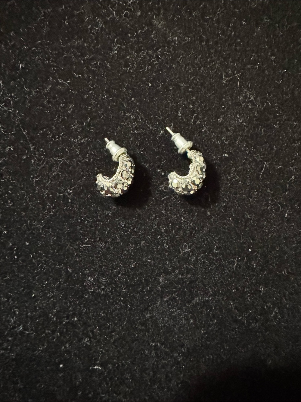 Sparkling Silver Tone Crescent Stud Earrings With Smoke Crystal Accents